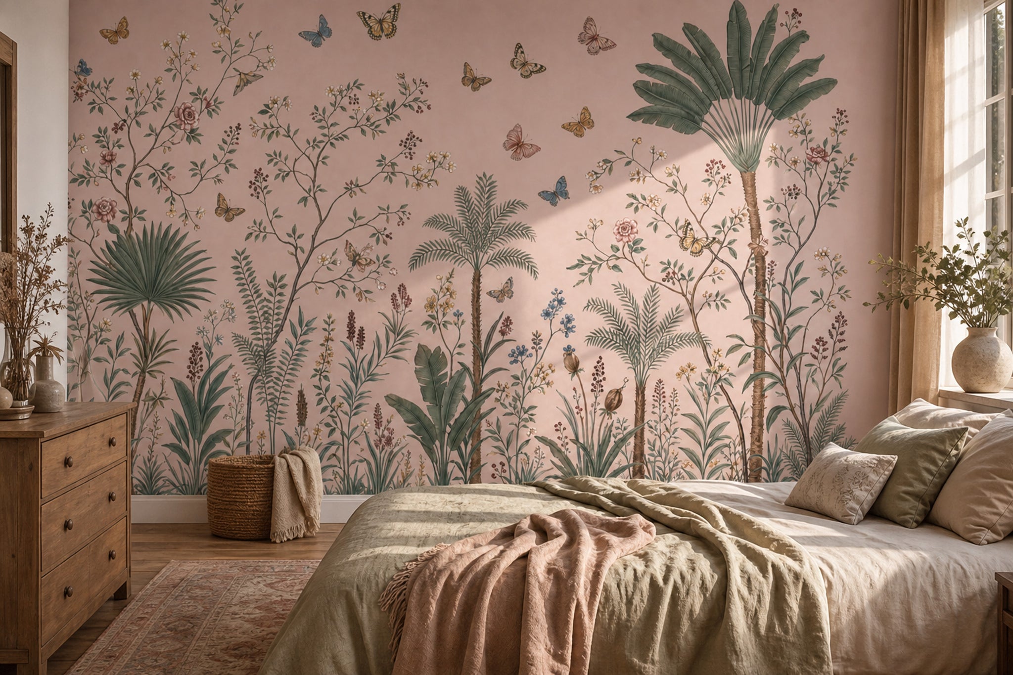 Botanical Illustration Wallpaper Tropical Palms Removable Butterflies Wall Decor