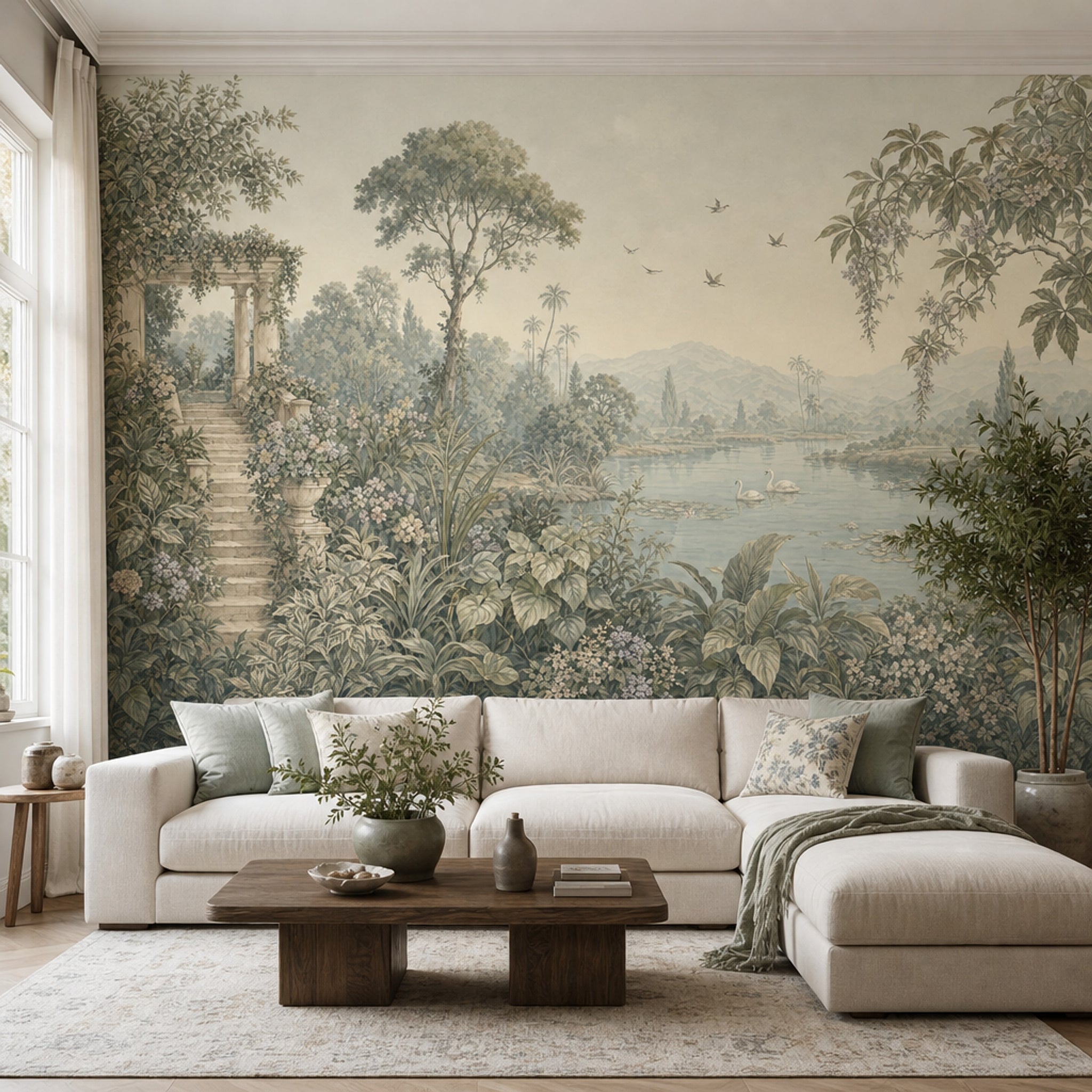 Pastoral Landscape Wallpaper Classical Garden Terrace Lake With Swans Removable Wall Decor