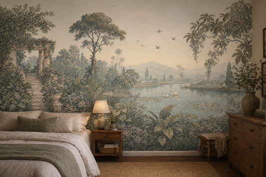 Pastoral Landscape Wallpaper Classical Garden Terrace Lake With Swans Removable Wall Decor