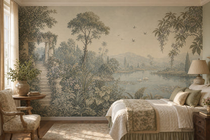 Pastoral Landscape Wallpaper Classical Garden Terrace Lake With Swans Removable Wall Decor