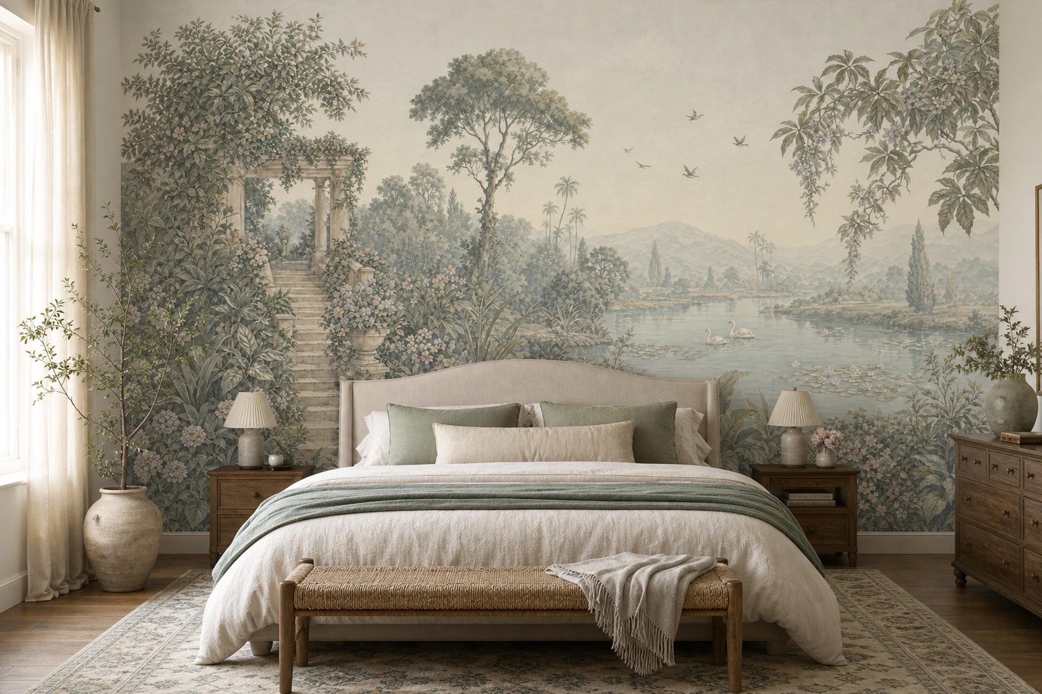 Pastoral Landscape Wallpaper Classical Garden Terrace Lake With Swans Removable Wall Decor