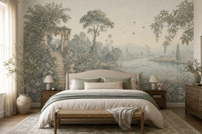 Pastoral Landscape Wallpaper Classical Garden Terrace Lake With Swans Removable Wall Decor