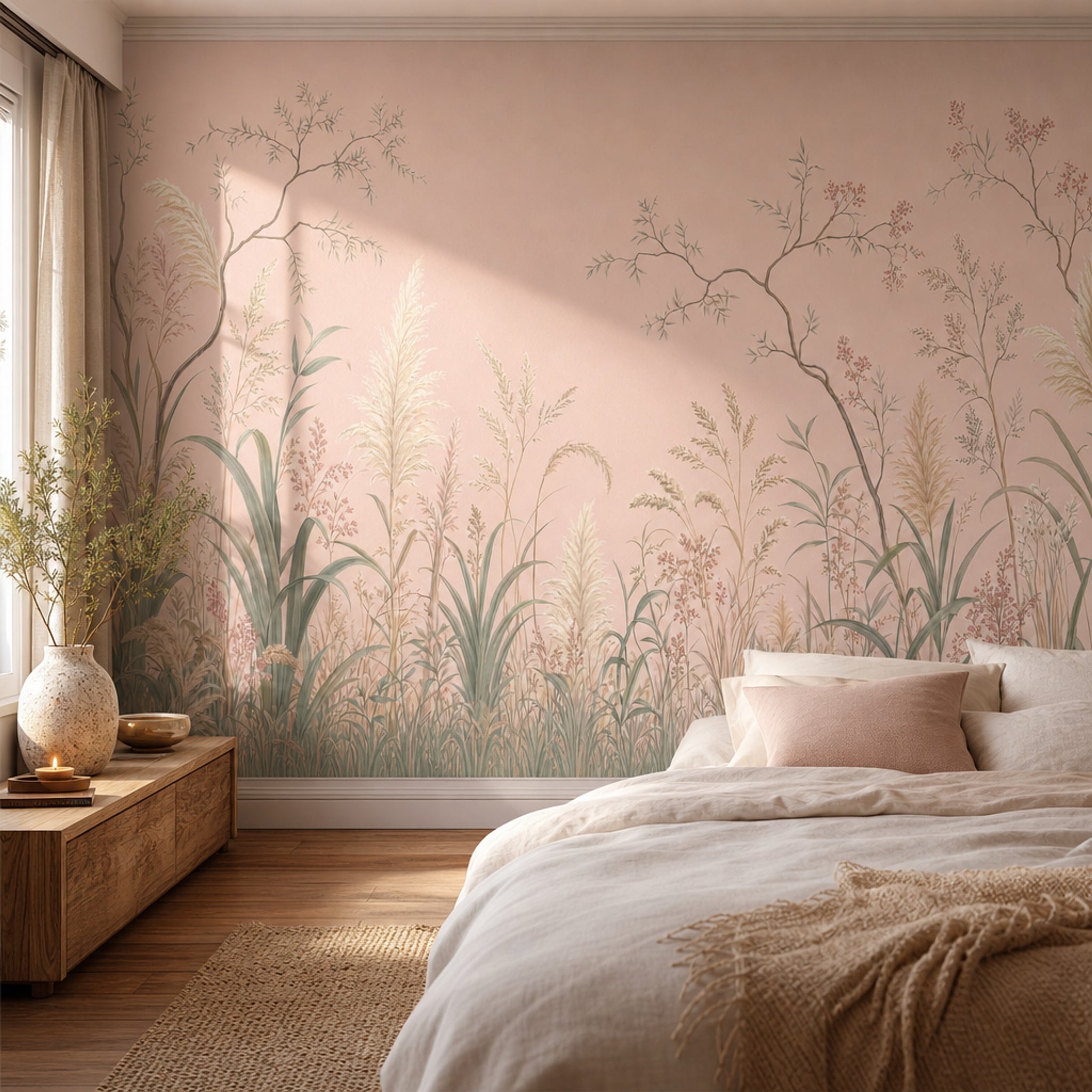 Pampas Grass Wallpaper Pastel Pink Removable Botanical Wall Decor