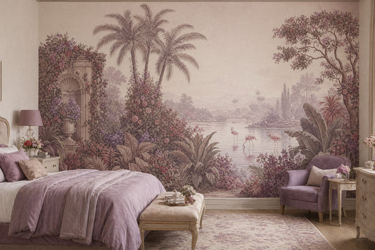 Tropical Landscape Mural Wallpaper Flamingos In Lake Palm Trees Wall Mural