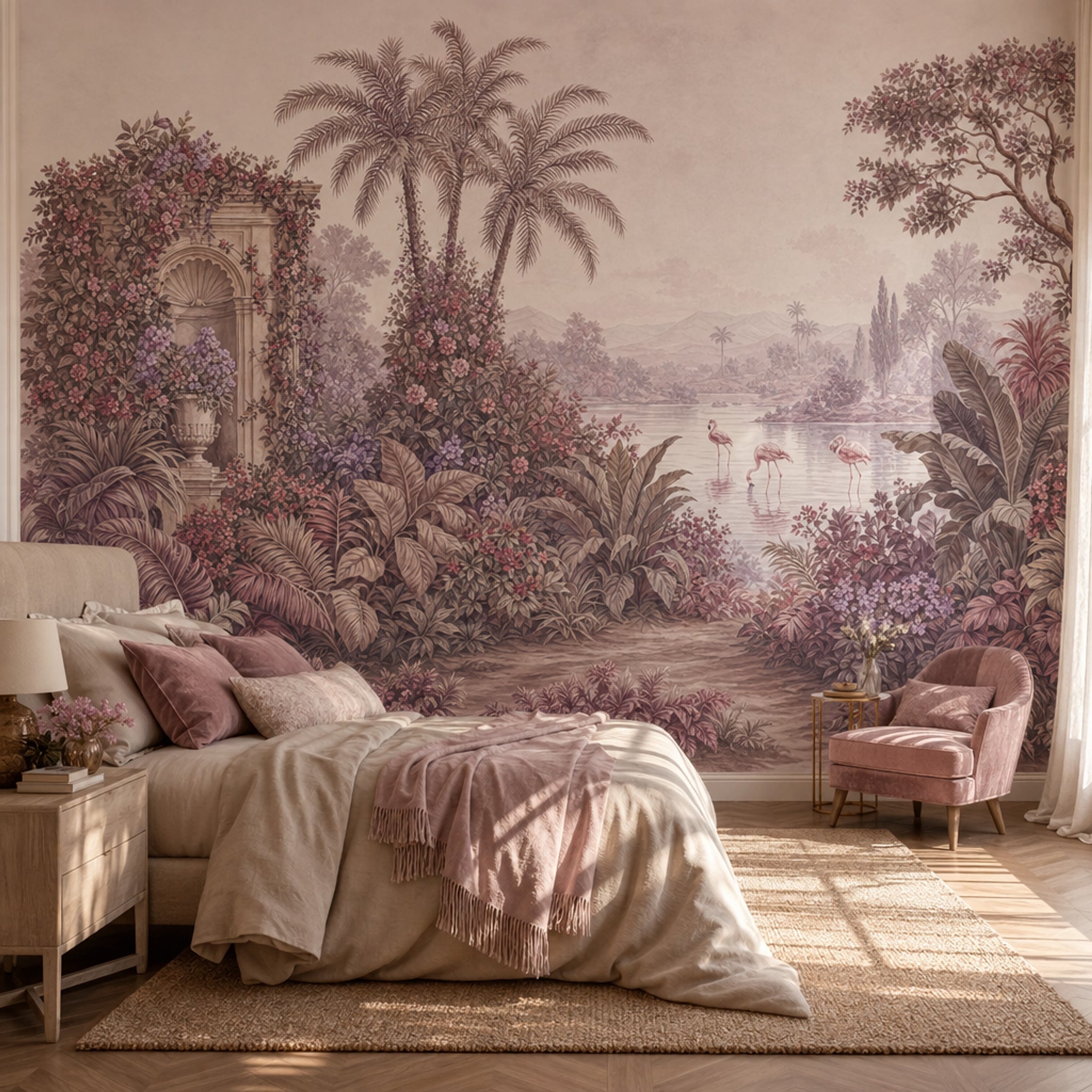 Tropical Landscape Mural Wallpaper Flamingos In Lake Palm Trees Wall Mural