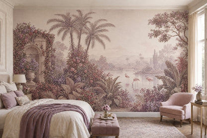 Tropical Landscape Mural Wallpaper Flamingos In Lake Palm Trees Wall Mural