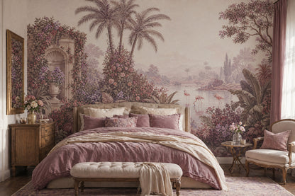 Tropical Landscape Mural Wallpaper Flamingos In Lake Palm Trees Wall Mural