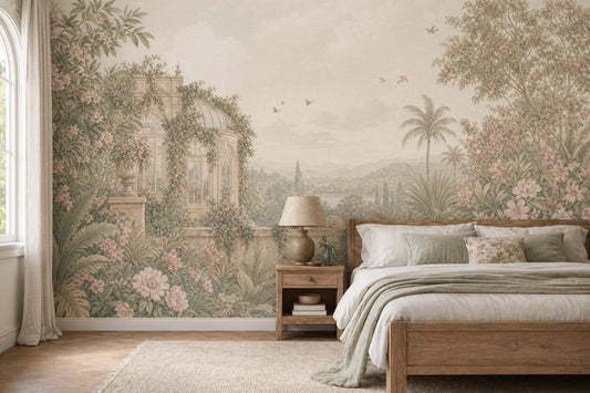 Vintage Garden Mural Wallpaper Pastel Floral Foliage Removable Mediterranean Landscape Wall Decor