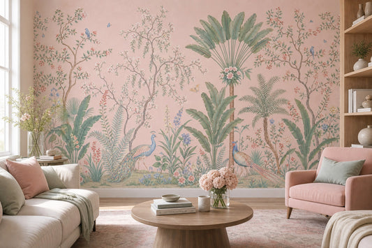 Vintage Toile Mural Wallpaper Botanical Garden Pastel Pink Background Removable Wall Decor