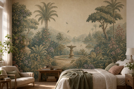 Muted Green Wallpaper Tropical Garden Palm Trees Wall Mural