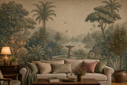 Muted Green Wallpaper Tropical Garden Palm Trees Wall Mural