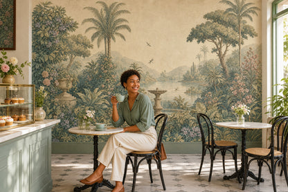 Muted Green Wallpaper Tropical Garden Palm Trees Wall Mural
