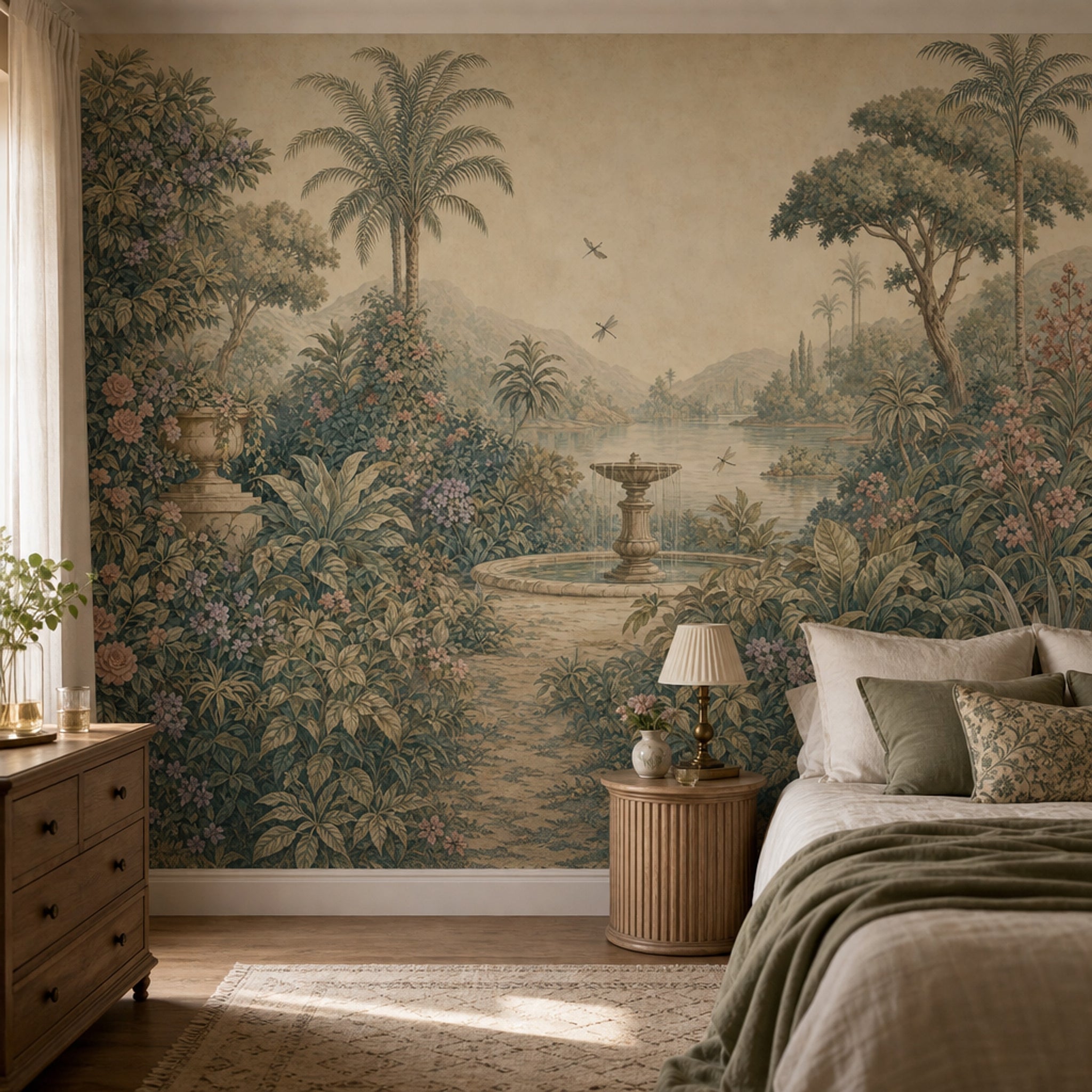 Muted Green Wallpaper Tropical Garden Palm Trees Wall Mural