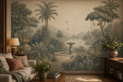 Muted Green Wallpaper Tropical Garden Palm Trees Wall Mural