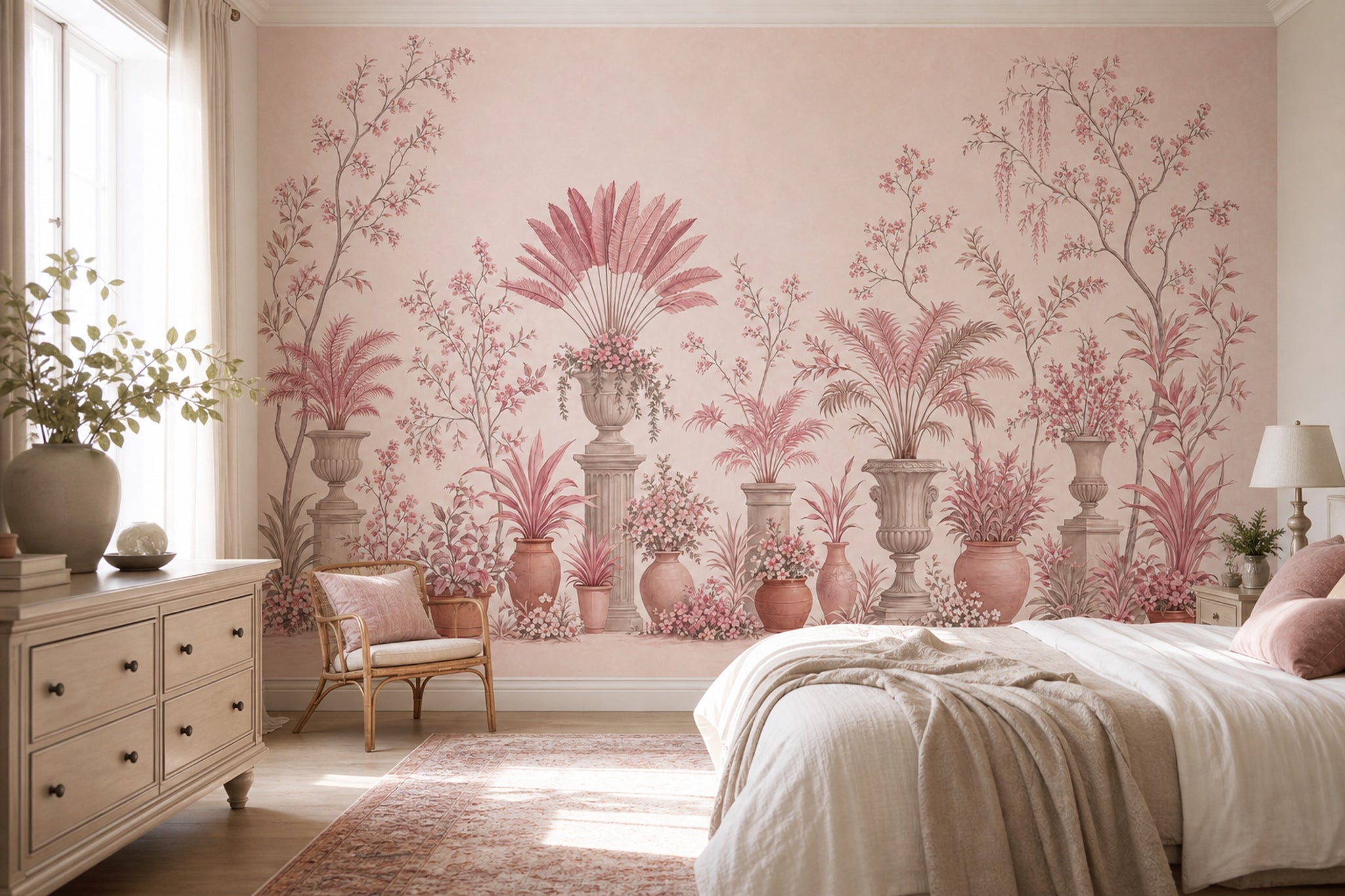 Botanical Garden Wallpaper Floral Branches Classical Urns Removable Wall Decor