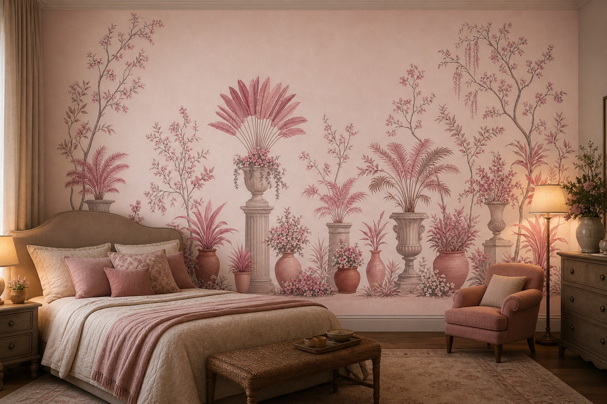Botanical Garden Wallpaper Floral Branches Classical Urns Removable Wall Decor