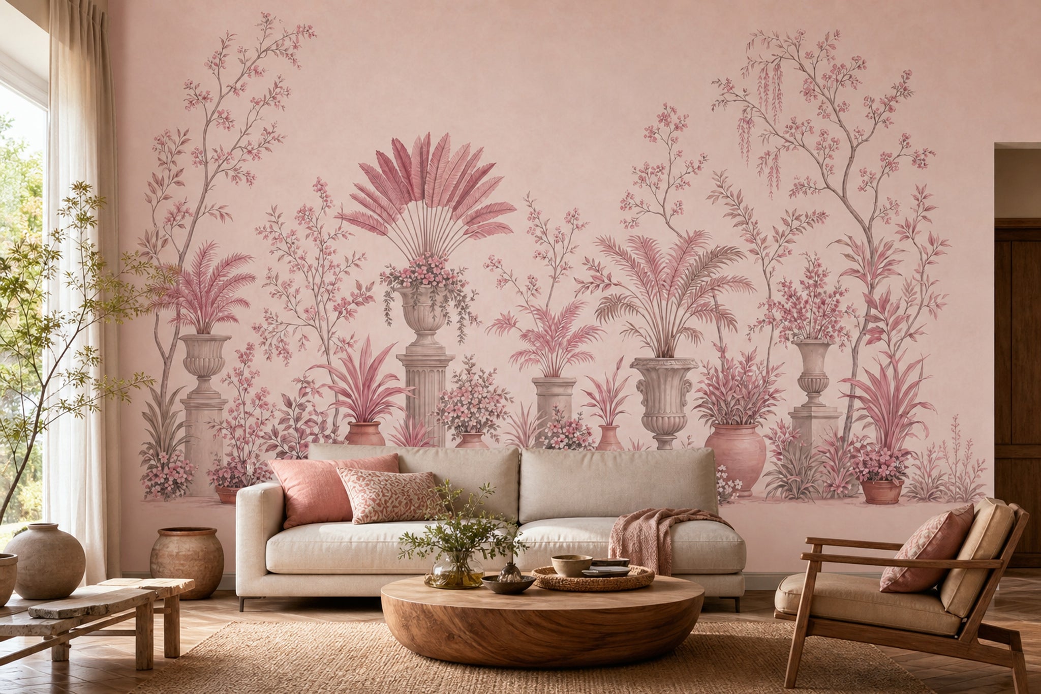 Botanical Garden Wallpaper Floral Branches Classical Urns Removable Wall Decor
