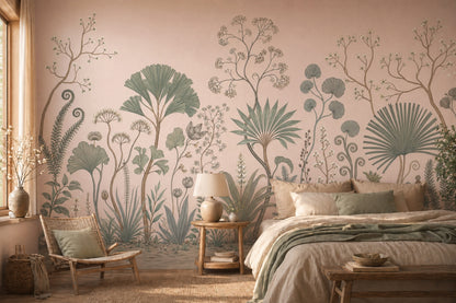 Pastel Botanical Wallpaper Blush Pink Background Sage Green Foliage Removable Wall Decor