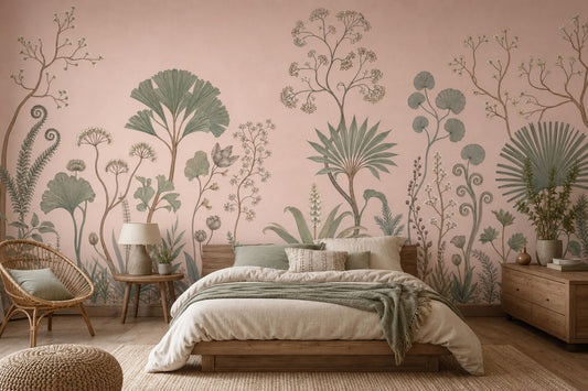 Pastel Botanical Wallpaper Blush Pink Background Sage Green Foliage Removable Wall Decor