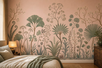 Pastel Botanical Wallpaper Blush Pink Background Sage Green Foliage Removable Wall Decor