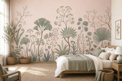 Pastel Botanical Wallpaper Blush Pink Background Sage Green Foliage Removable Wall Decor