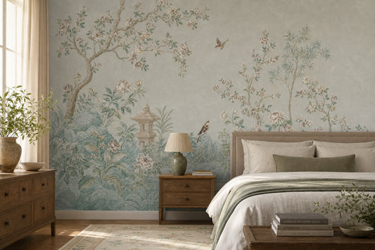 Chinoiserie Garden Wallpaper Floral Landscape Removable Blossoming Branches Wall Decor