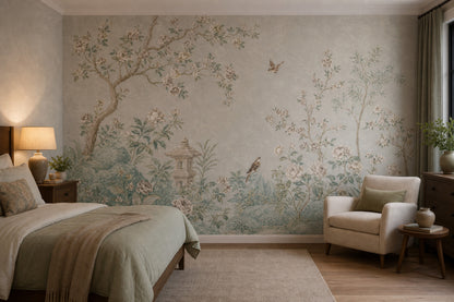 Chinoiserie Garden Wallpaper Floral Landscape Removable Blossoming Branches Wall Decor