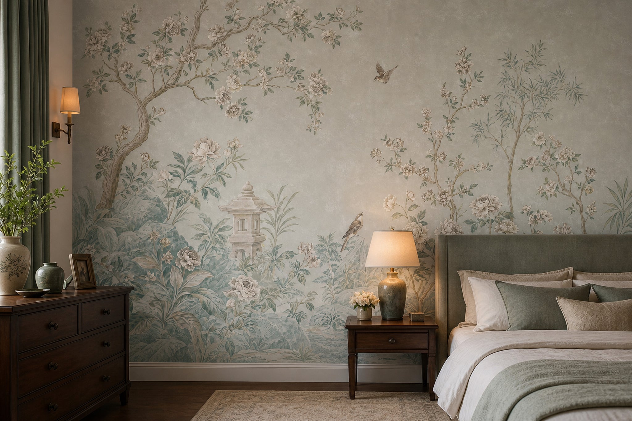 Chinoiserie Garden Wallpaper Floral Landscape Removable Blossoming Branches Wall Decor