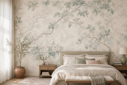 Watercolor Botanical Wallpaper Tree Branches Sage Green Leaves Removable Wall Decor