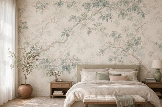 Watercolor Botanical Wallpaper Tree Branches Sage Green Leaves Removable Wall Decor