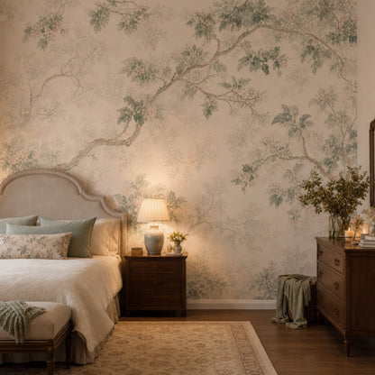 Watercolor Botanical Wallpaper Tree Branches Sage Green Leaves Removable Wall Decor