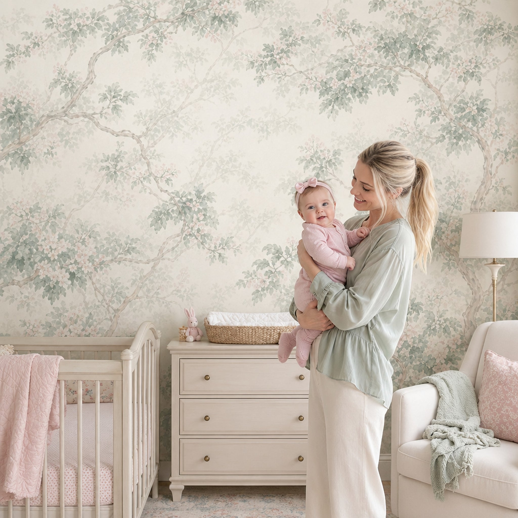 Watercolor Botanical Wallpaper Tree Branches Sage Green Leaves Removable Wall Decor