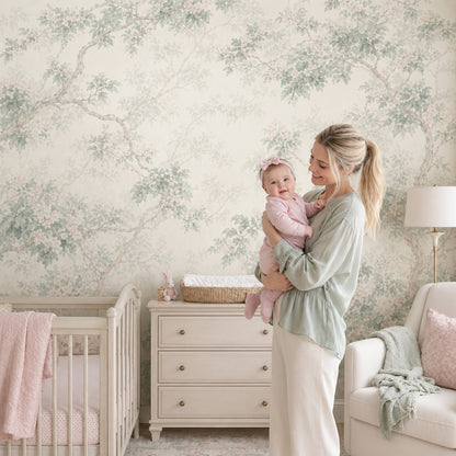 Watercolor Botanical Wallpaper Tree Branches Sage Green Leaves Removable Wall Decor