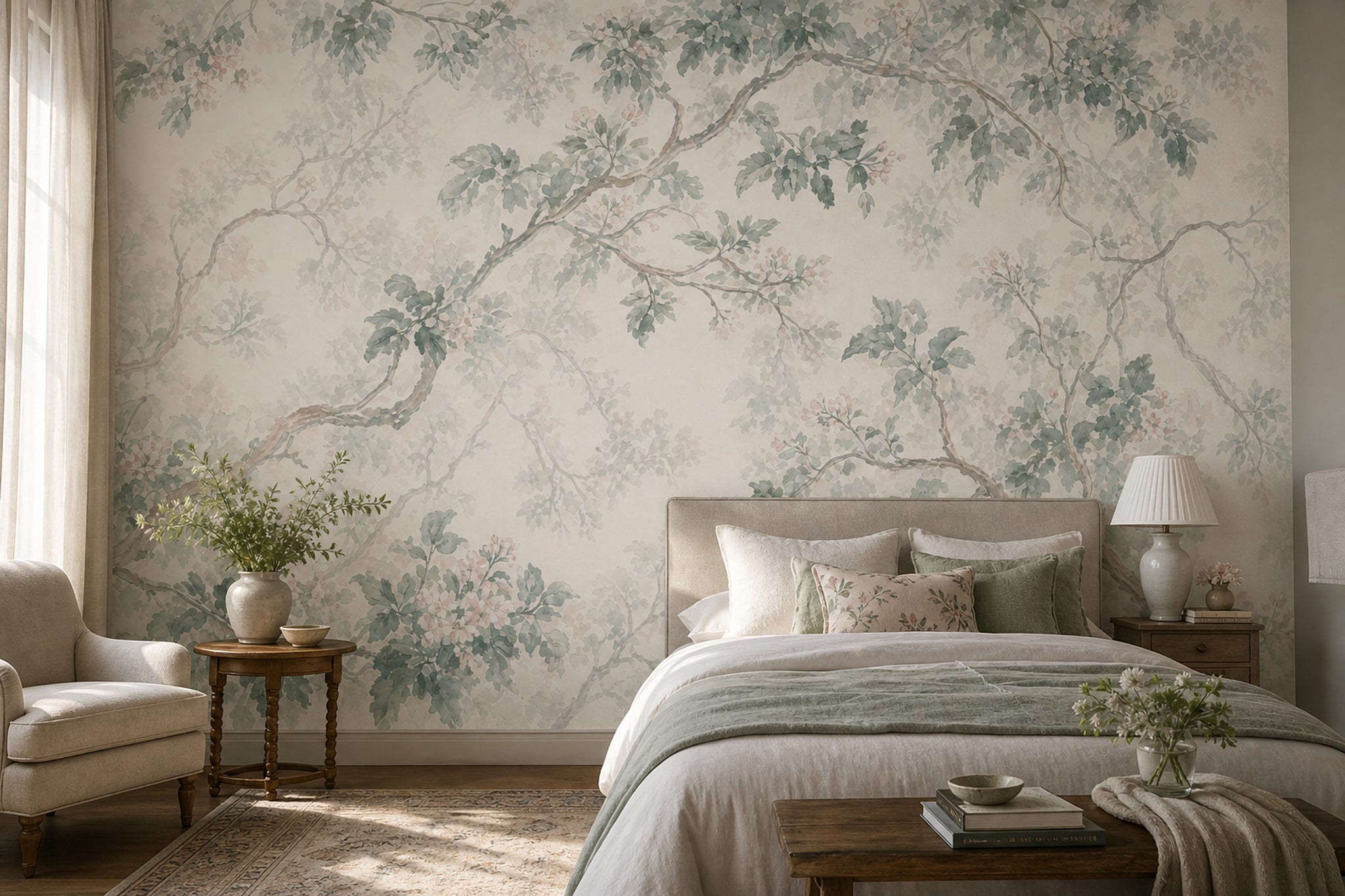 Watercolor Botanical Wallpaper Tree Branches Sage Green Leaves Removable Wall Decor