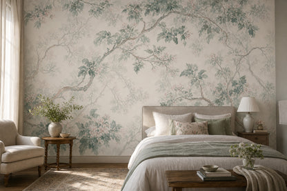 Watercolor Botanical Wallpaper Tree Branches Sage Green Leaves Removable Wall Decor
