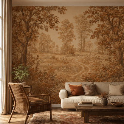 Woodland Landscape Wallpaper Sepia Autumn Trees Wall Mural