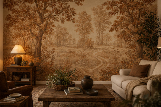 Woodland Landscape Wallpaper Sepia Autumn Trees Wall Mural