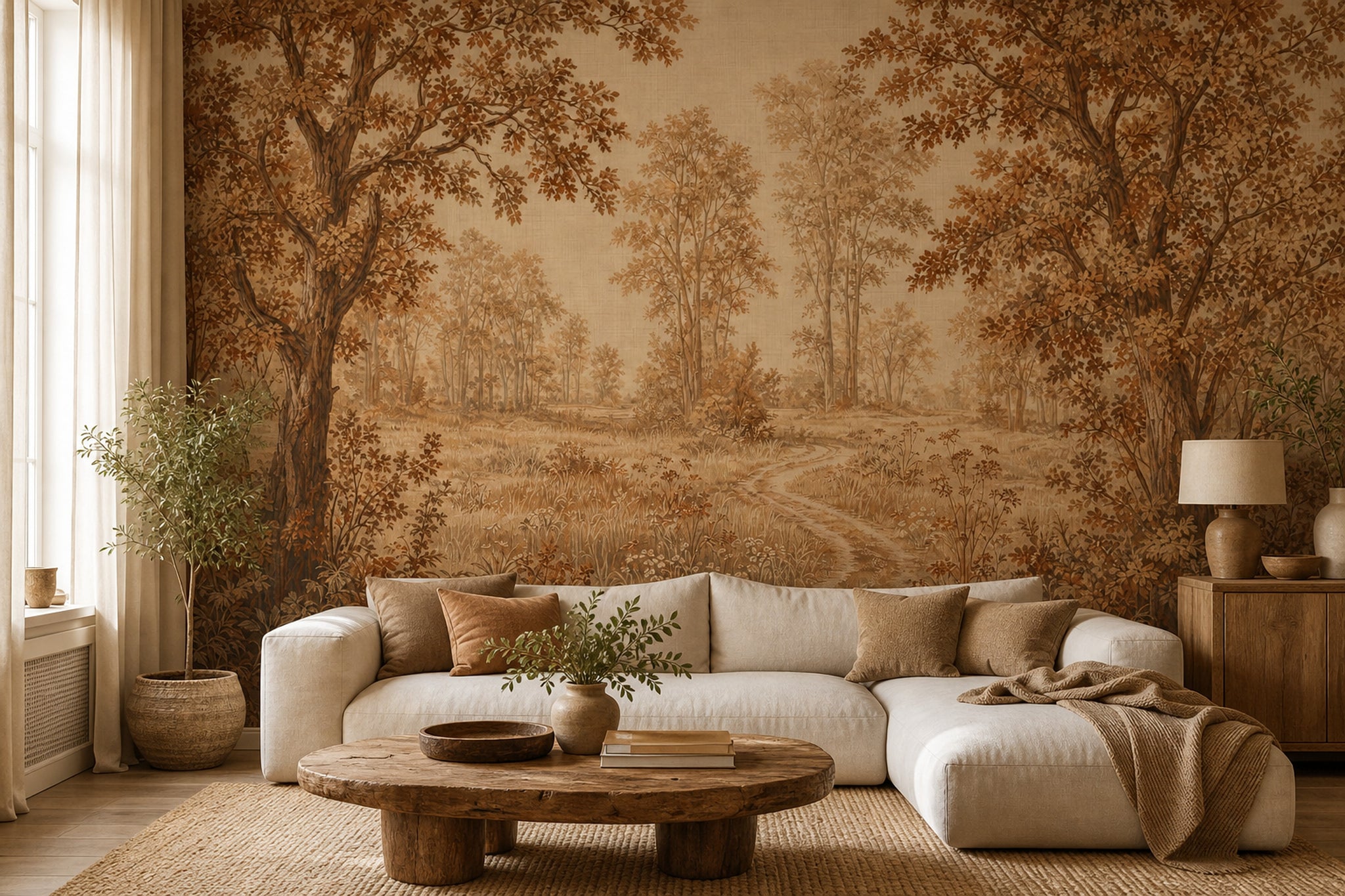 Woodland Landscape Wallpaper Sepia Autumn Trees Wall Mural