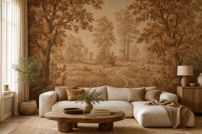 Woodland Landscape Wallpaper Sepia Autumn Trees Wall Mural