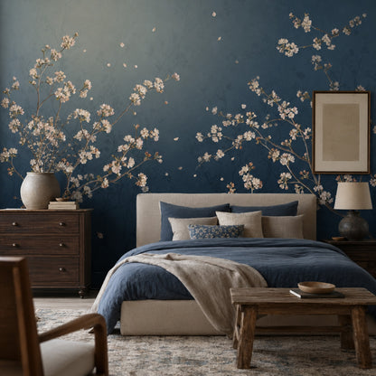 Cherry Blossom Branches Wallpaper Dark Navy Background Painterly Floral Wall Mural
