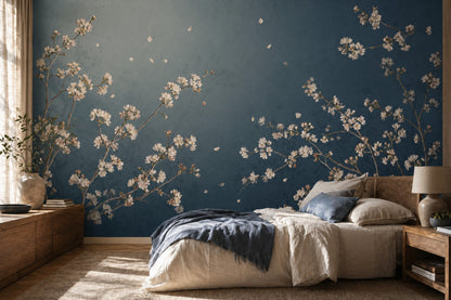 Cherry Blossom Branches Wallpaper Dark Navy Background Painterly Floral Wall Mural