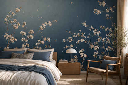 Cherry Blossom Branches Wallpaper Dark Navy Background Painterly Floral Wall Mural