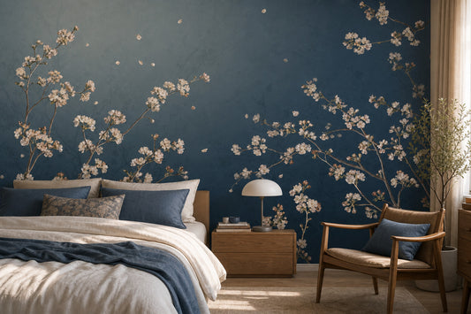 Cherry Blossom Branches Wallpaper Dark Navy Background Painterly Floral Wall Mural