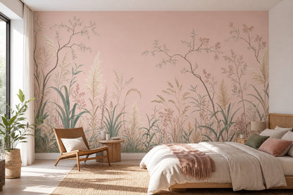 Pampas Grass Wallpaper Pastel Pink Removable Botanical Wall Decor