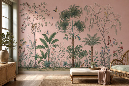 Tropical Botanical Wallpaper Pink Background Vintage Mural Removable Wall Decor