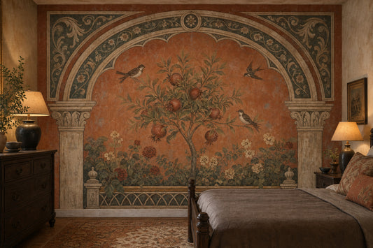 Vintage Fresco Wallpaper Terracotta Orange Pomegranate Tree Removable Wall Decor