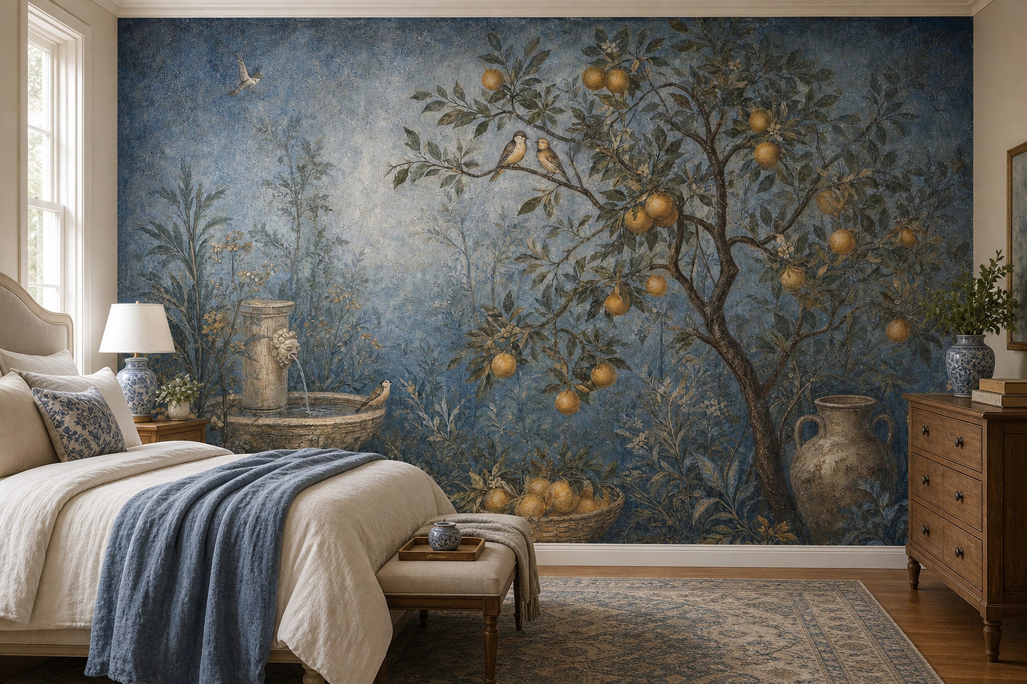 Vintage Fresco Wallpaper Mediterranean Garden Orange Tree Wall Mural
