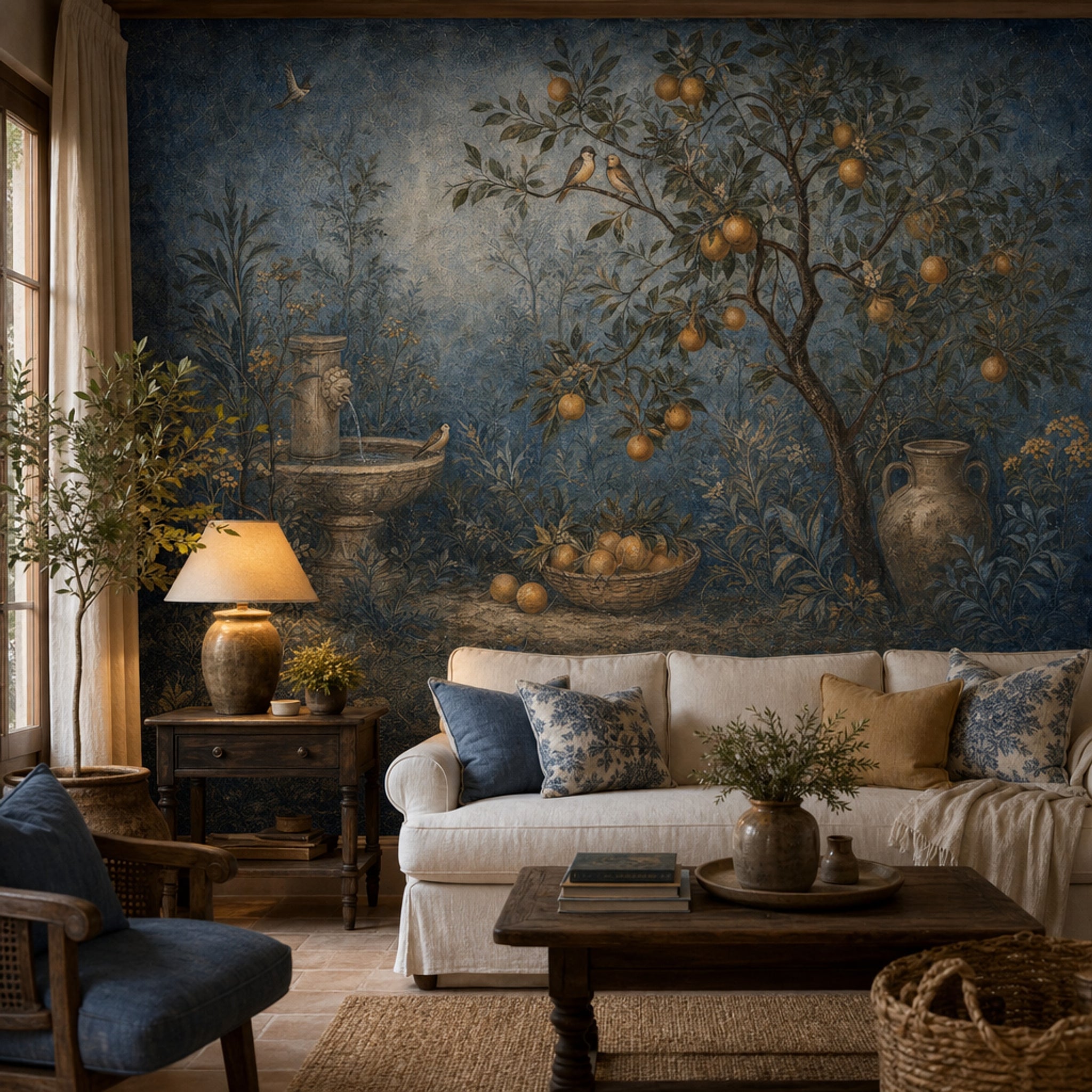 Vintage Fresco Wallpaper Mediterranean Garden Orange Tree Wall Mural
