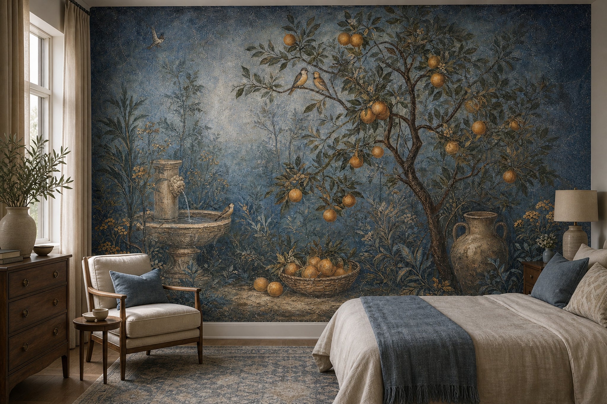 Vintage Fresco Wallpaper Mediterranean Garden Orange Tree Wall Mural