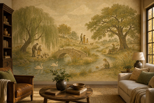 Pastoral Landscape Wallpaper Vintage Toile Removable Stone Bridge Wall Decor